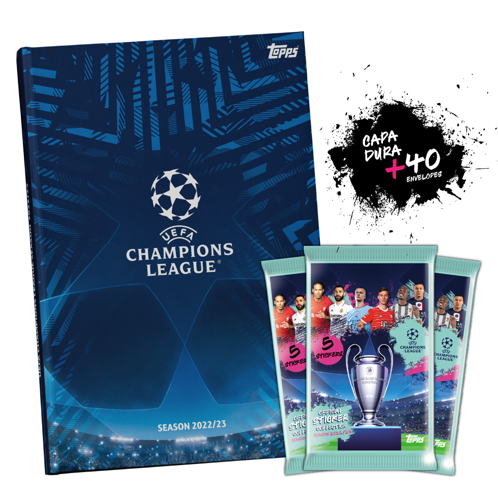Kit Album de Figurinhas Capa Dura Topps Oficial UEFA Champions League 22/23 + 40 Envelopes - 200 Figurinhas