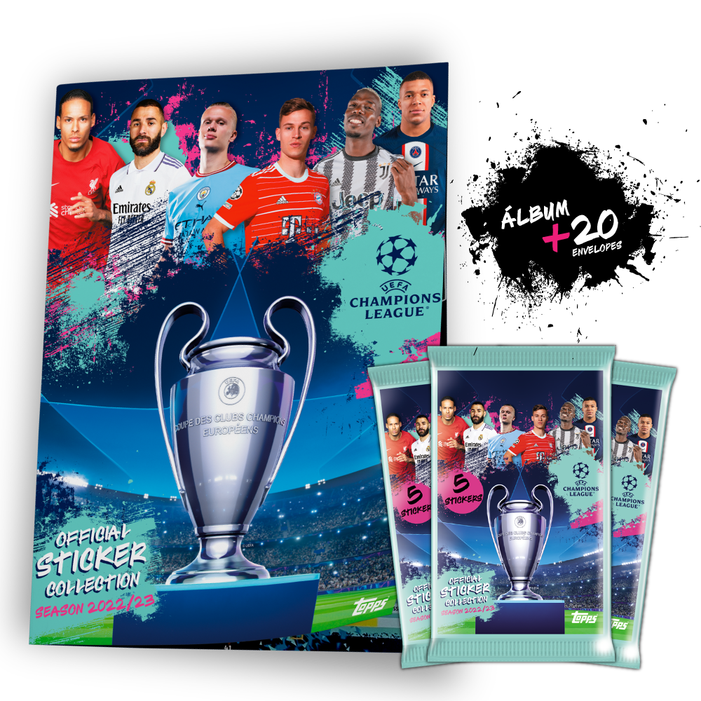 Kit Album de Figurinhas Topps Oficial UEFA Champions League 22/23 + 20 Envelopes - 100 Figurinhas