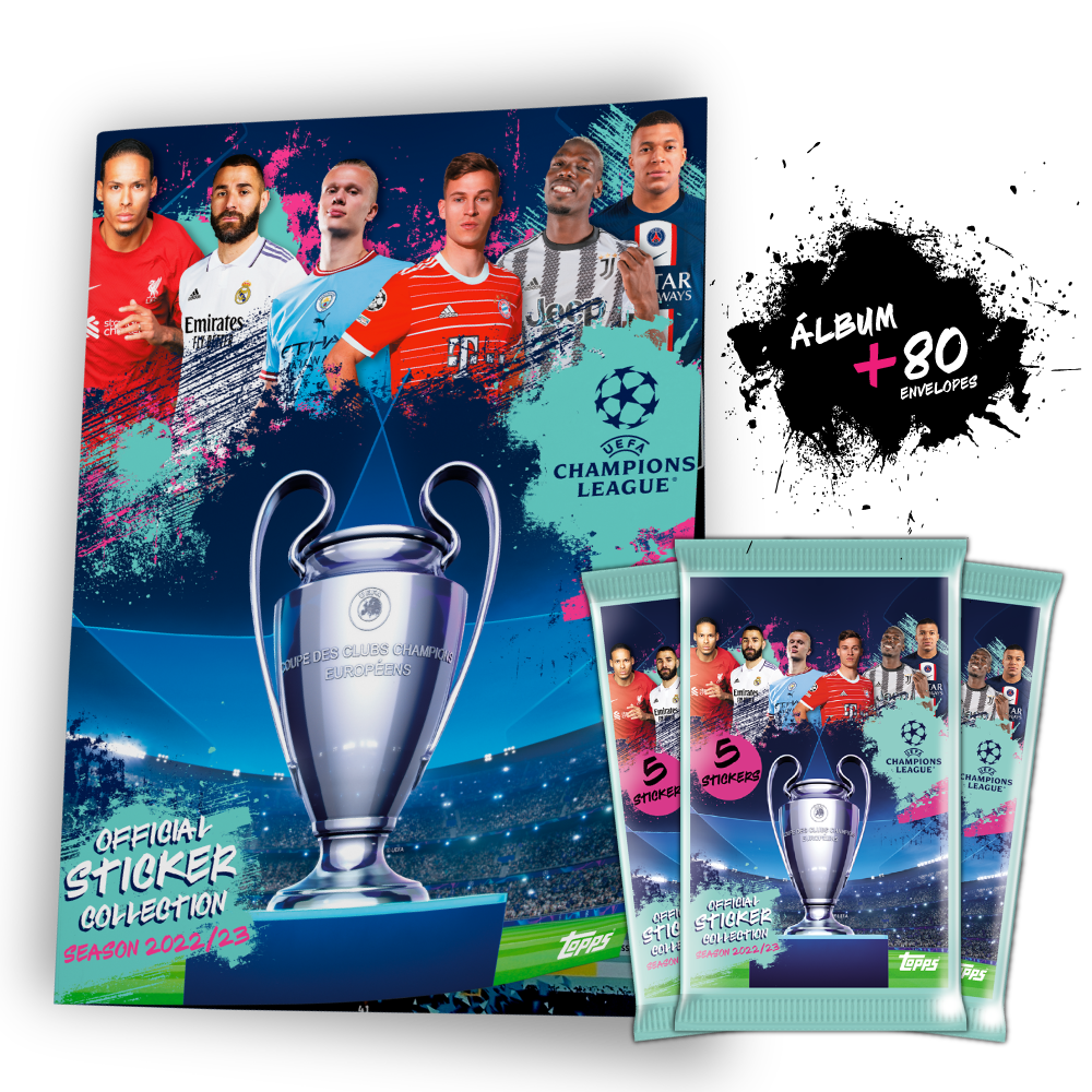 Kit Album de Figurinhas Topps Oficial UEFA Champions League 22/23 + 80 Envelopes - 400 Figurinhas