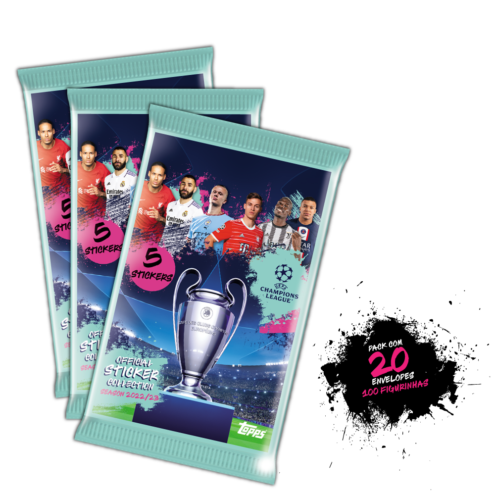 Pack c/ 20 Envelopes de Figurinhas Topps Oficial UEFA 22/23 - 100 Figurinhas